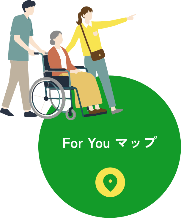 地図ピンを中央に配した緑色の丸いバッジ