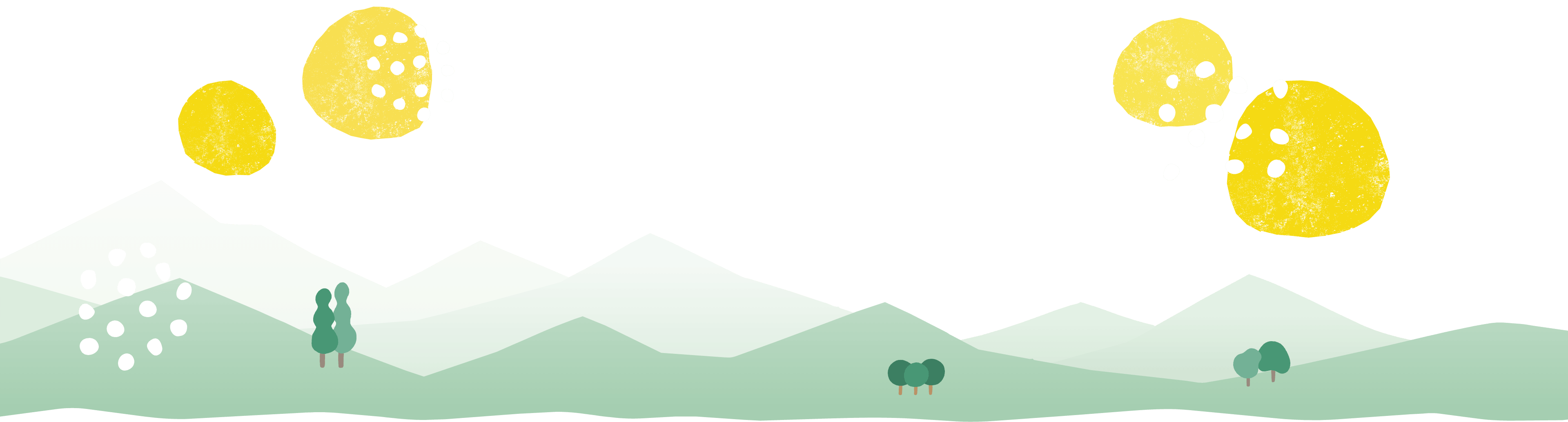 黄色い丸い装飾と緑の山並みが描かれたページヘッダーのイラスト